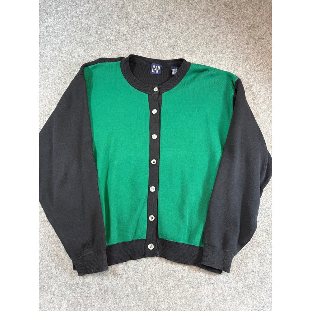 VINTAGE 90s GAP Cardigan Sweater Womens Large Green Colorblock Knit Boxy Retro